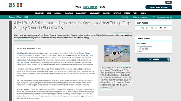 screenshot of the article: Allied Pain Spine Institute Announces the Opening of New Cutting-Edge Surgery Center in Silicon Valley