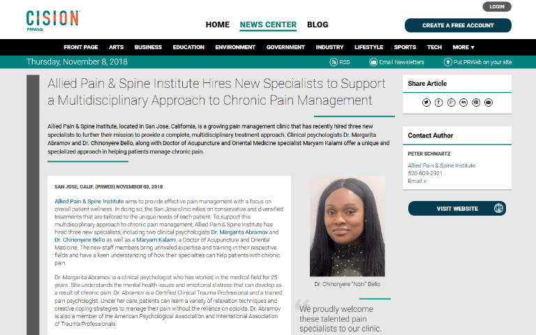 Screenshot of an article: Allied Pain & Spine Institute Hires New Specialists to Support a Multidisciplinary Approach to Chronic Pain Management