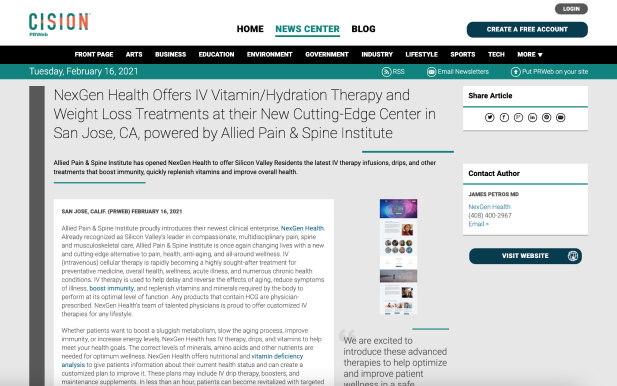 Screenshot of an article: NexGen Health Offers IV Vitamin/Hydration Therapy and Weight Loss Treatments at their New Cutting-Edge Center in San Jose, CA, powered by Allied Pain & Spine Institute