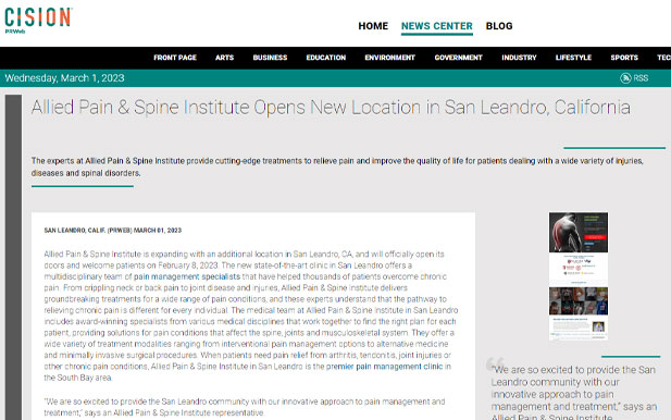 Screenshot of an article: Allied Pain & Spine Institute Opens New Location in San Leandro, California