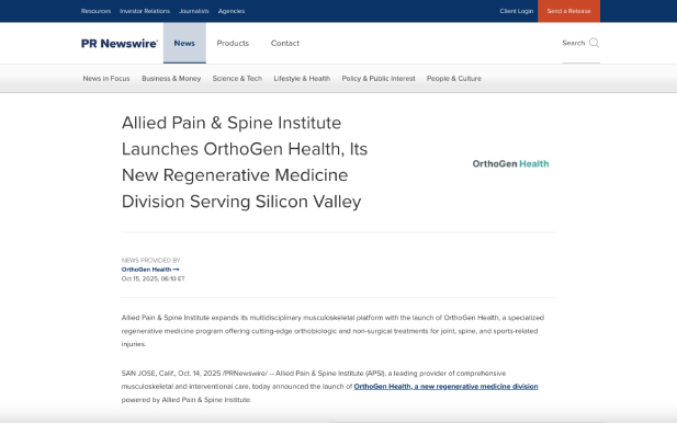 Screenshot of an article: Allied Pain & Spine Institute Launches OrthoGen Health, Its New Regenerative Medicine Division Serving Silicon Valley