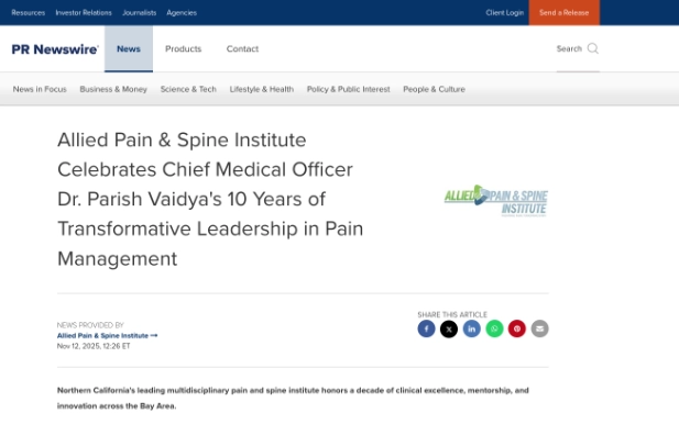 Screenshot of an article: Allied Pain & Spine Institute Celebrates Chief Medical Officer Dr. Parish Vaidya's 10 Years of Transformative Leadership in Pain Management